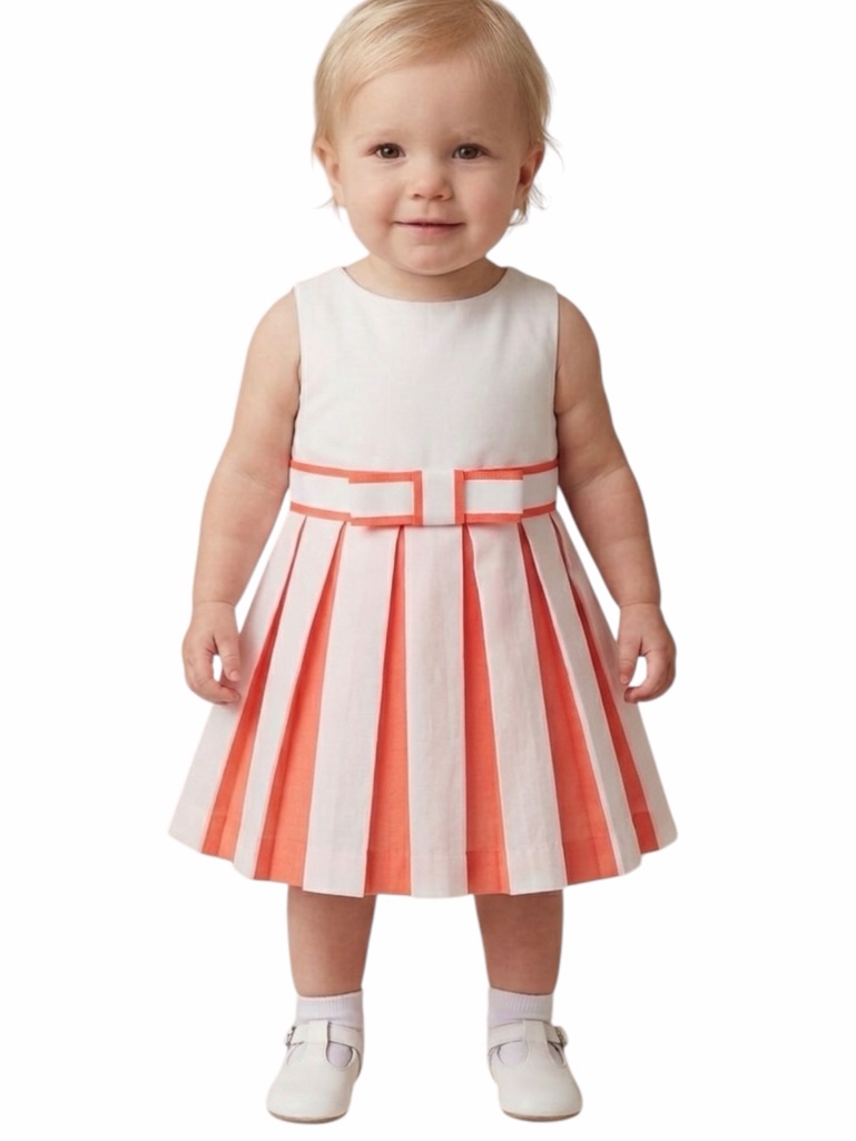 Jacadi Paris Girls Pleated Ceremony Dress - White & Coral - 18 Months
